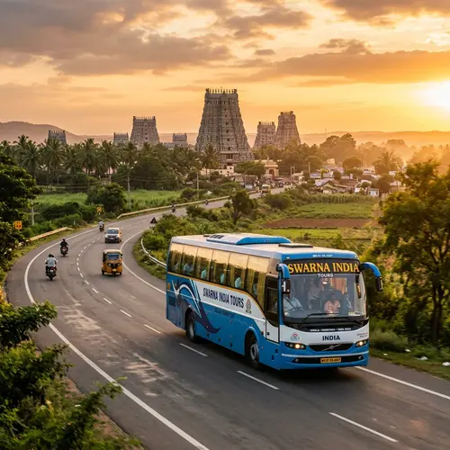 Indian pilgrimage tour bus traveling on highway